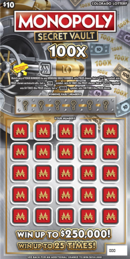 Monopoly™ Secret Vault 100X Colorado scratch-off ticket