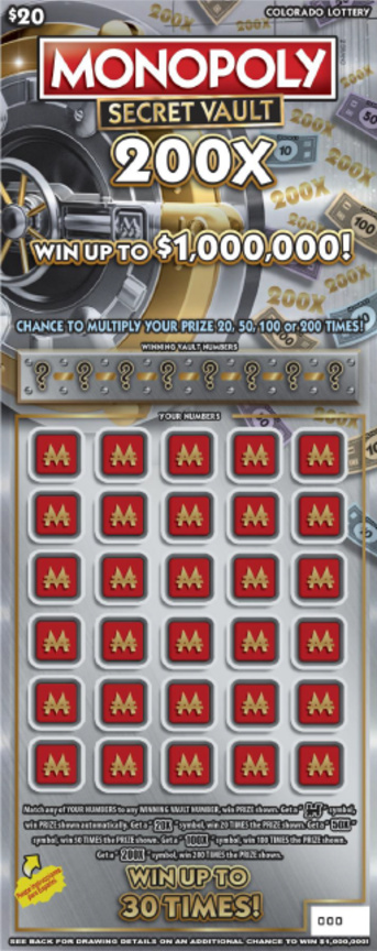 Monopoly™ Secret Vault 200X Colorado scratch-off ticket
