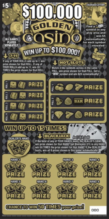 $100,000 Golden Casino Colorado scratch-off ticket
