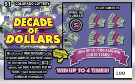 Decade of Dollars Colorado scratch-off ticket
