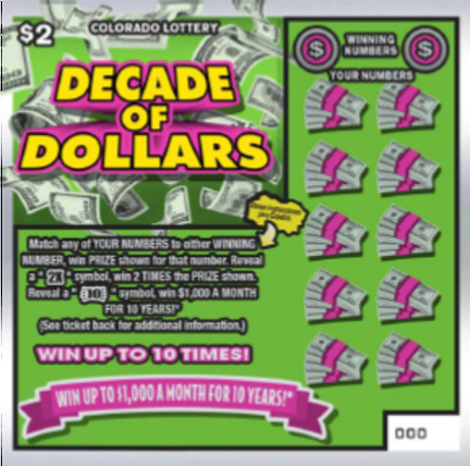 Decade of Dollars Colorado scratch-off ticket