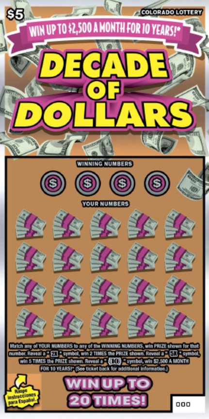 Decade of Dollars Colorado scratch-off ticket