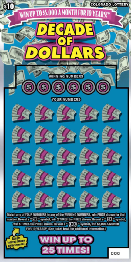 Decade of Dollars Colorado scratch-off ticket