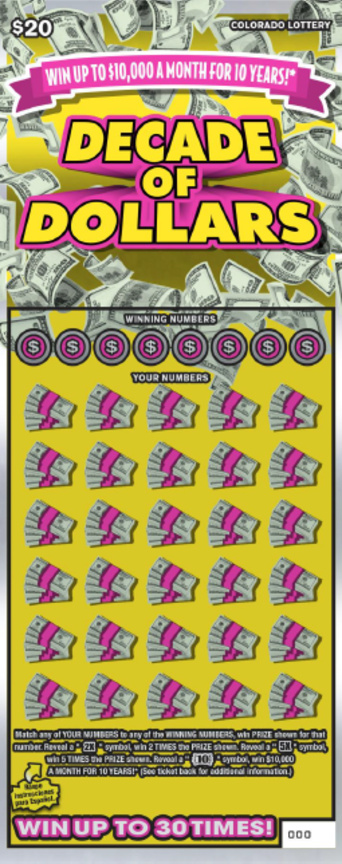 Decade of Dollars Colorado scratch-off ticket