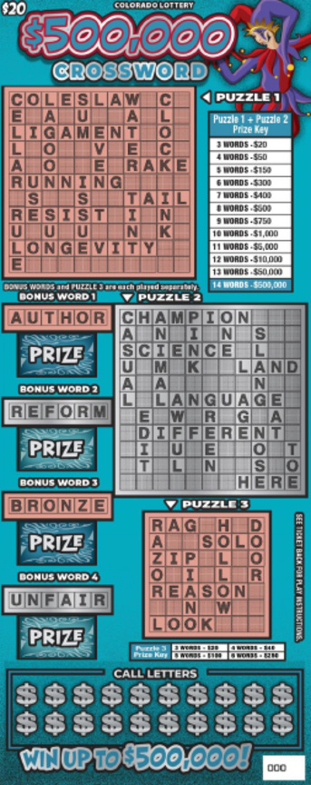 $500,000 Crossword Colorado scratch-off ticket