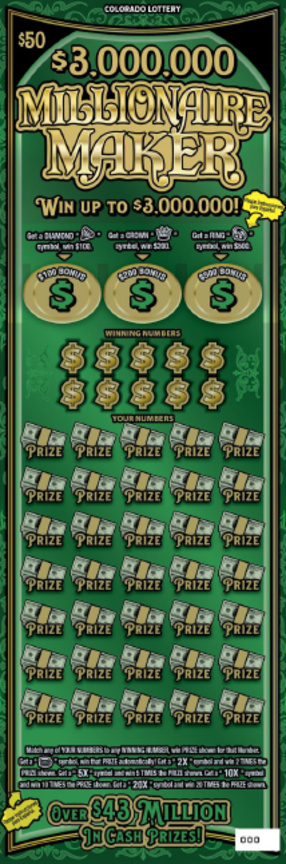 $3,000,000 Millionaire Maker Colorado scratch-off ticket