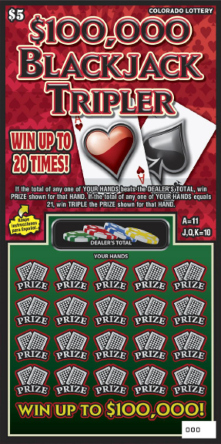 $100,000 Blackjack Tripler Colorado scratch-off ticket