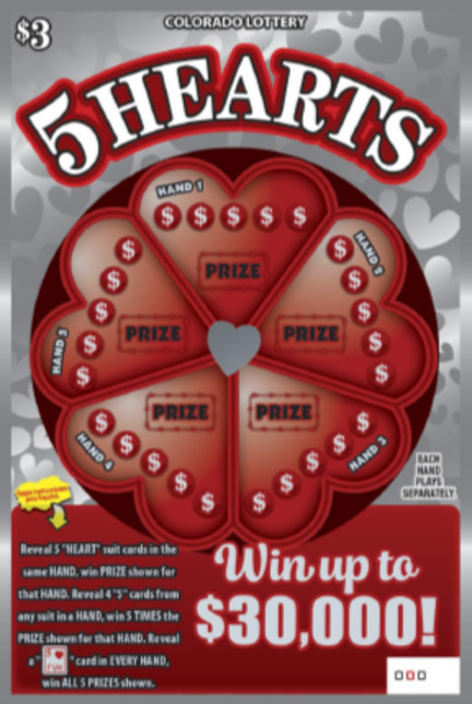 5 HEARTS Colorado scratch-off ticket
