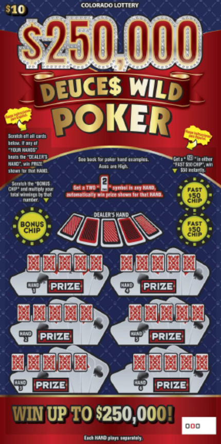 $250,000 DEUCE$ WILD POKER Colorado scratch-off ticket