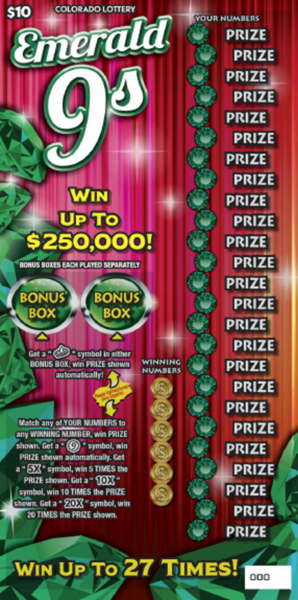 EMERALD 9s Colorado scratch-off ticket