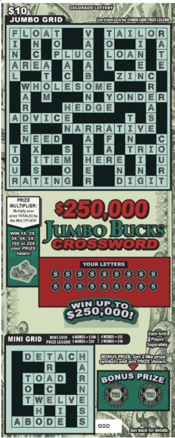 $250,000 JUMBO BUCKS CROSSWORD Colorado scratch-off ticket