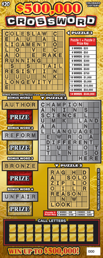 $500,000 Crossword Colorado scratch-off ticket