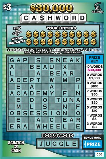 $30,000 CA$HWORD Connecticut scratch-off ticket