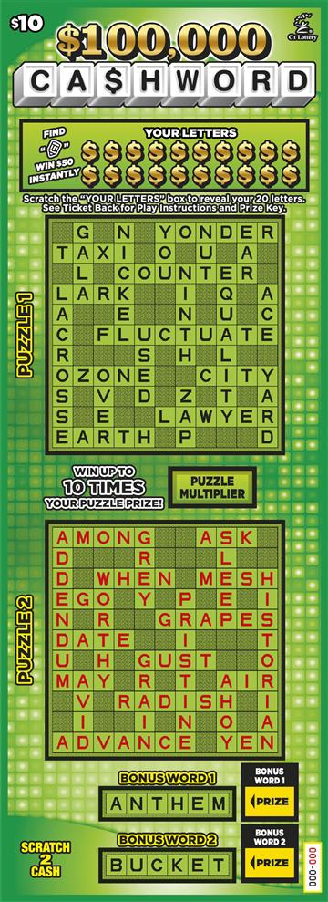 $100,000 CA$HWORD Connecticut scratch-off ticket