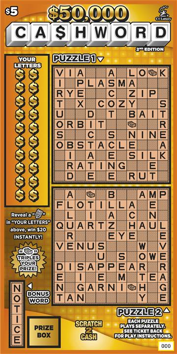 $50,000 CA$HWORD 2ND EDITION Connecticut scratch-off ticket