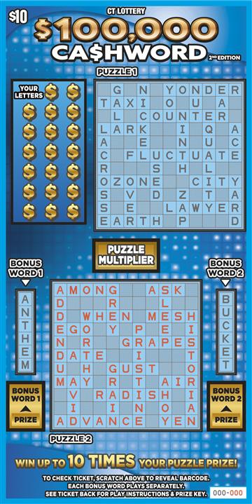 $100,000 CA$HWORD 2ND EDITION Connecticut scratch-off ticket