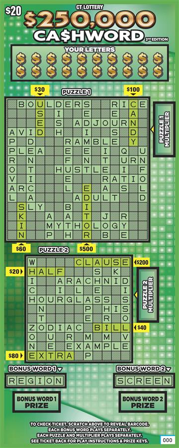 $250,000 CA$HWORD 2ND EDITION Connecticut scratch-off ticket