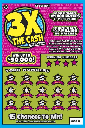 3X THE CASH 13TH EDITION Connecticut scratch-off ticket
