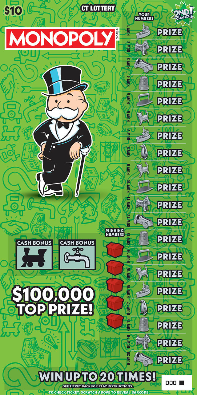 $10 MONOPOLY Connecticut scratch-off ticket