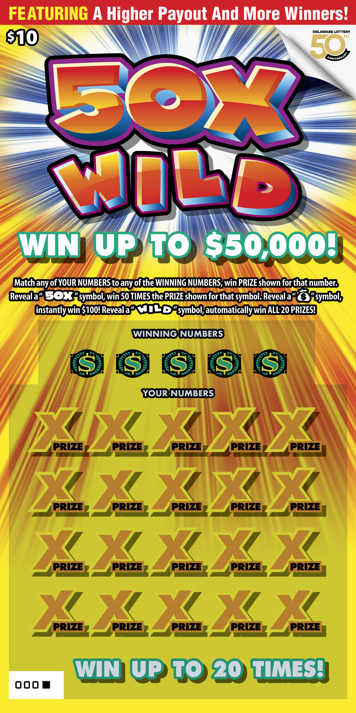50X Wild Delaware scratch-off ticket