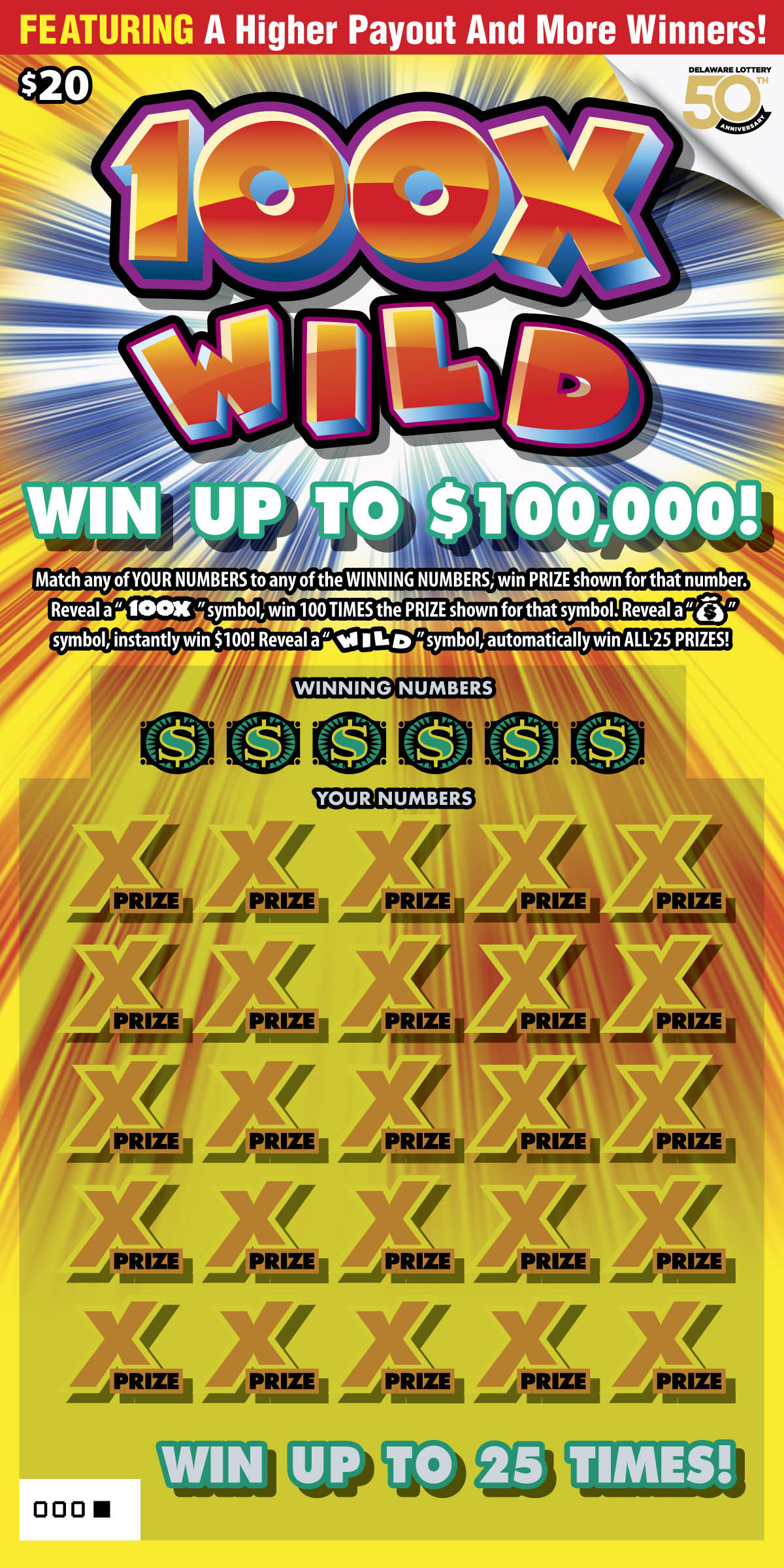 100X Wild Delaware scratch-off ticket