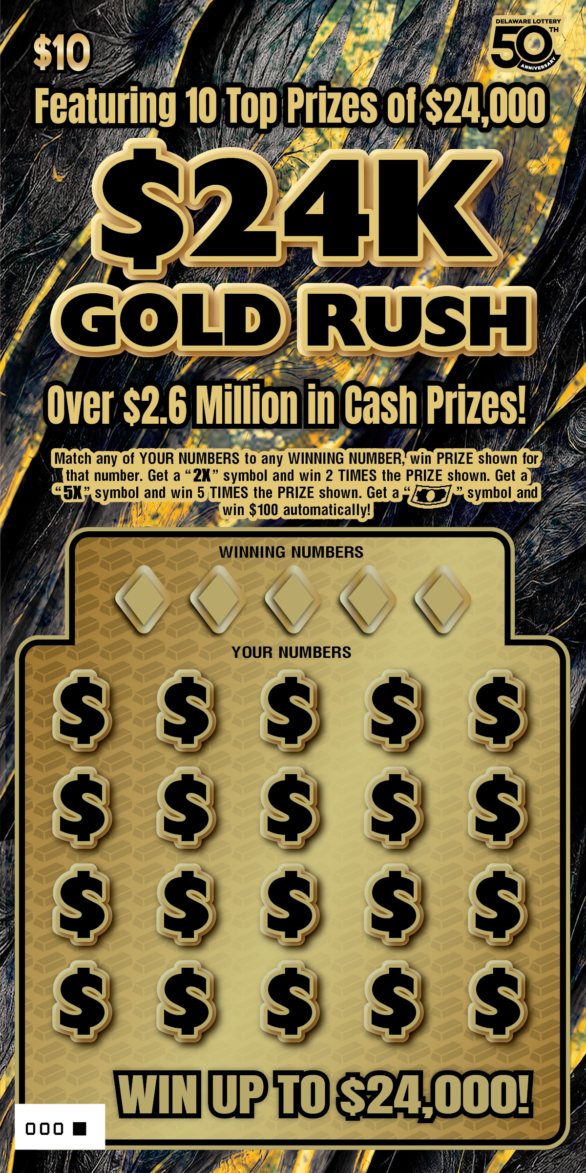 $24K GOLD RUSH Delaware scratch-off ticket