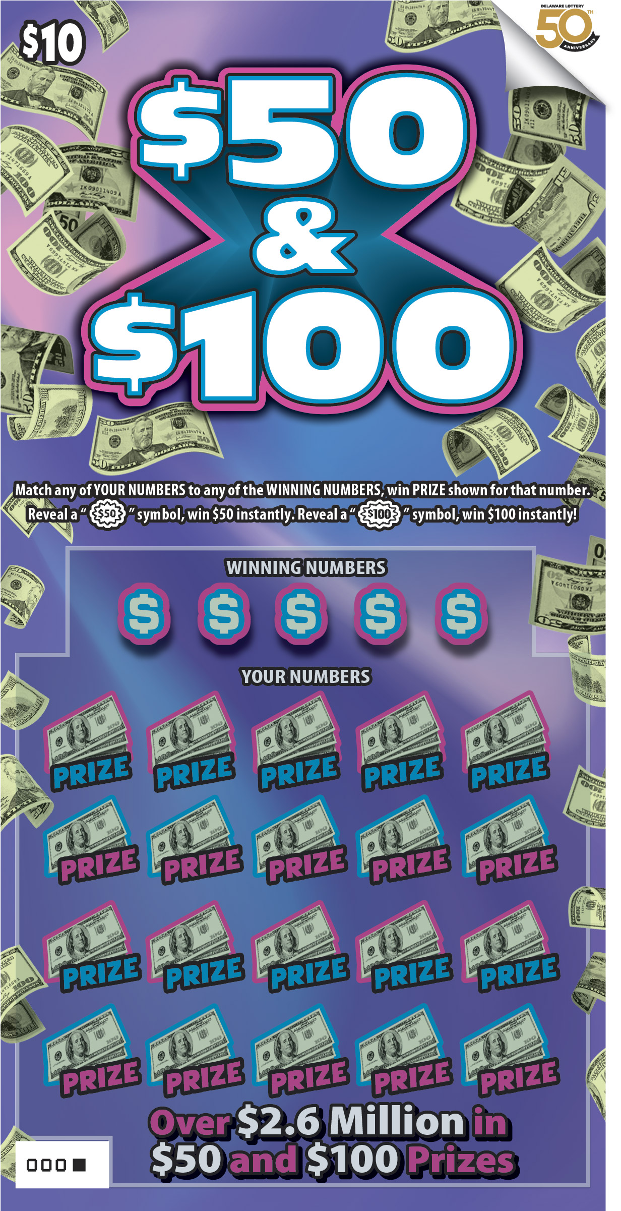$50 & $100 Delaware scratch-off ticket