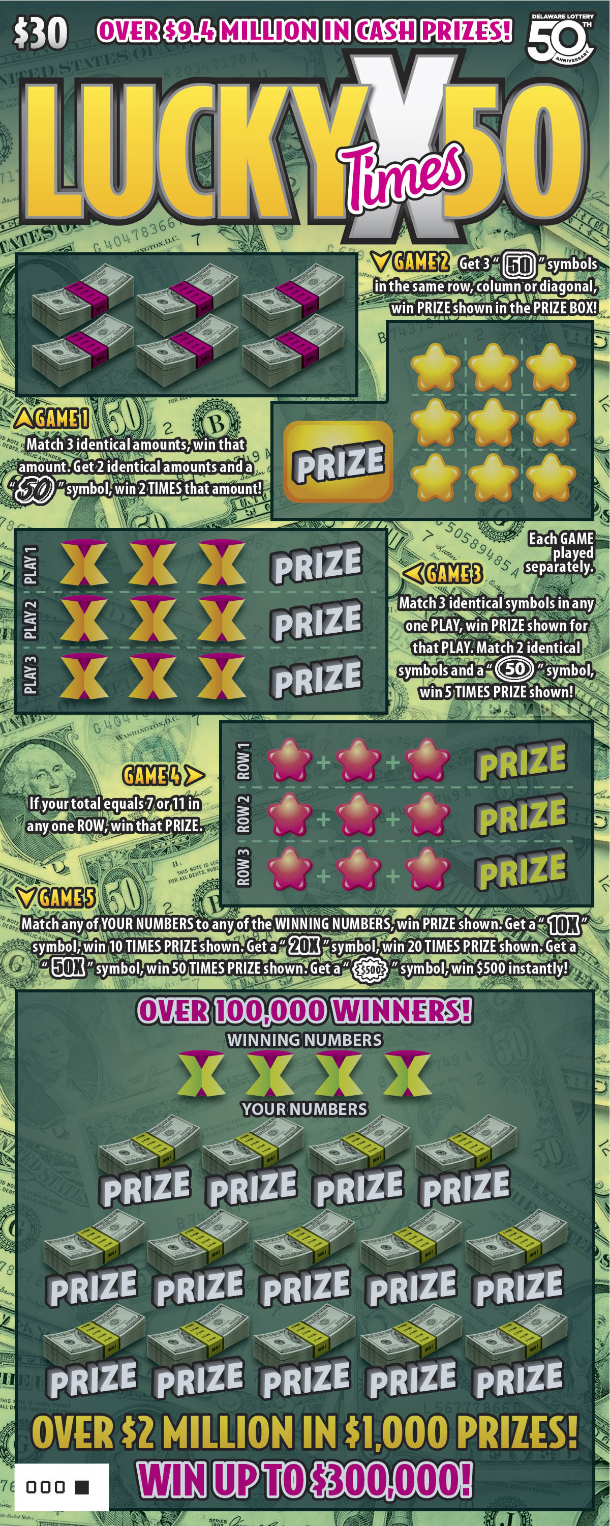 Lucky Times 50 Delaware scratch-off ticket