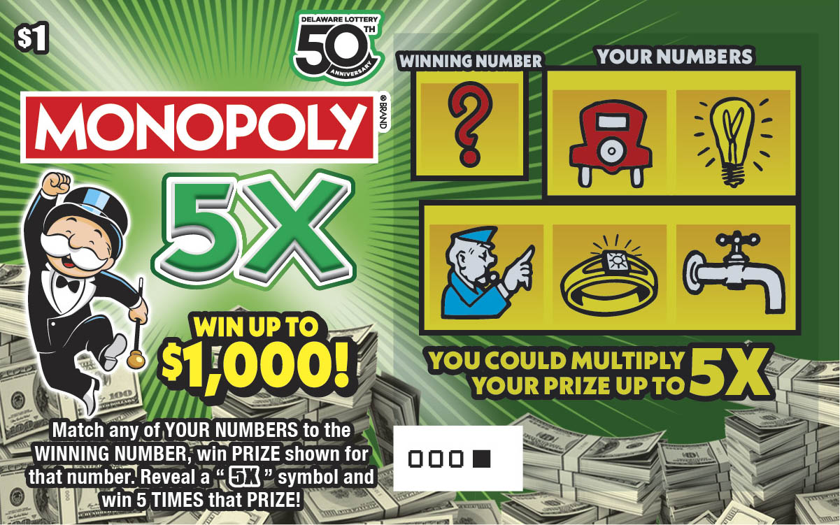 MONOPOLY 5X Delaware scratch-off ticket