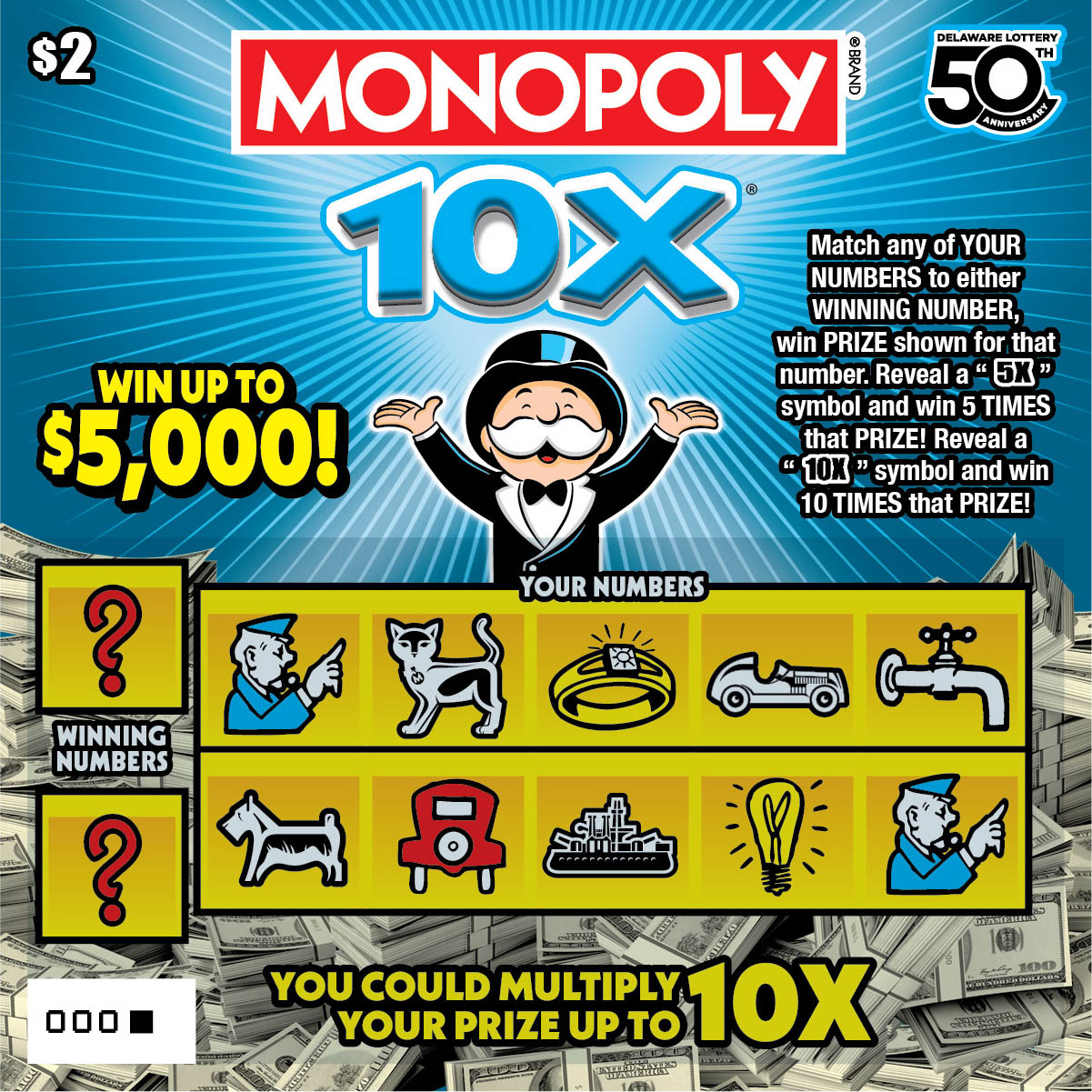 MONOPOLY 10X Delaware scratch-off ticket