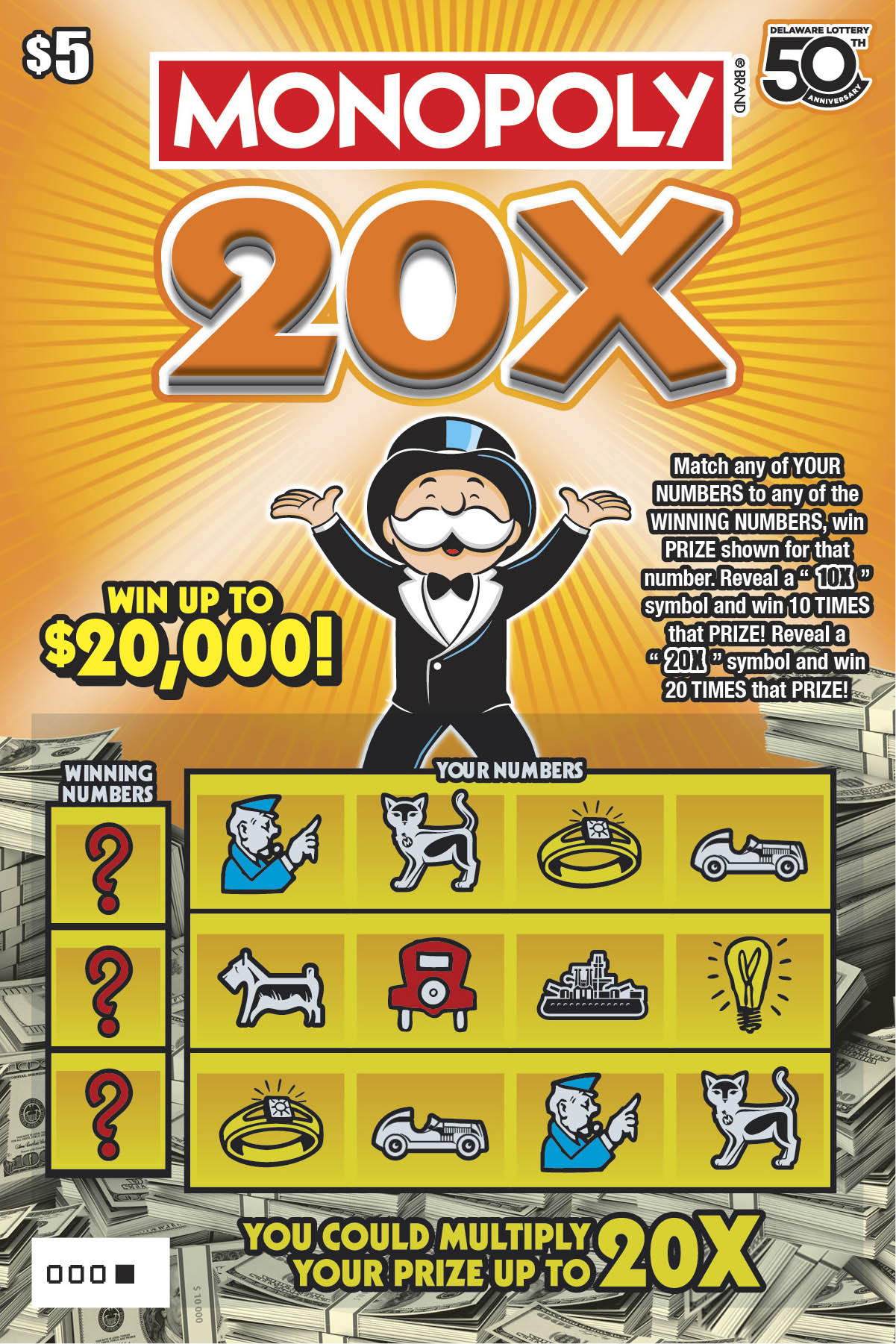 MONOPOLY 20X Delaware scratch-off ticket
