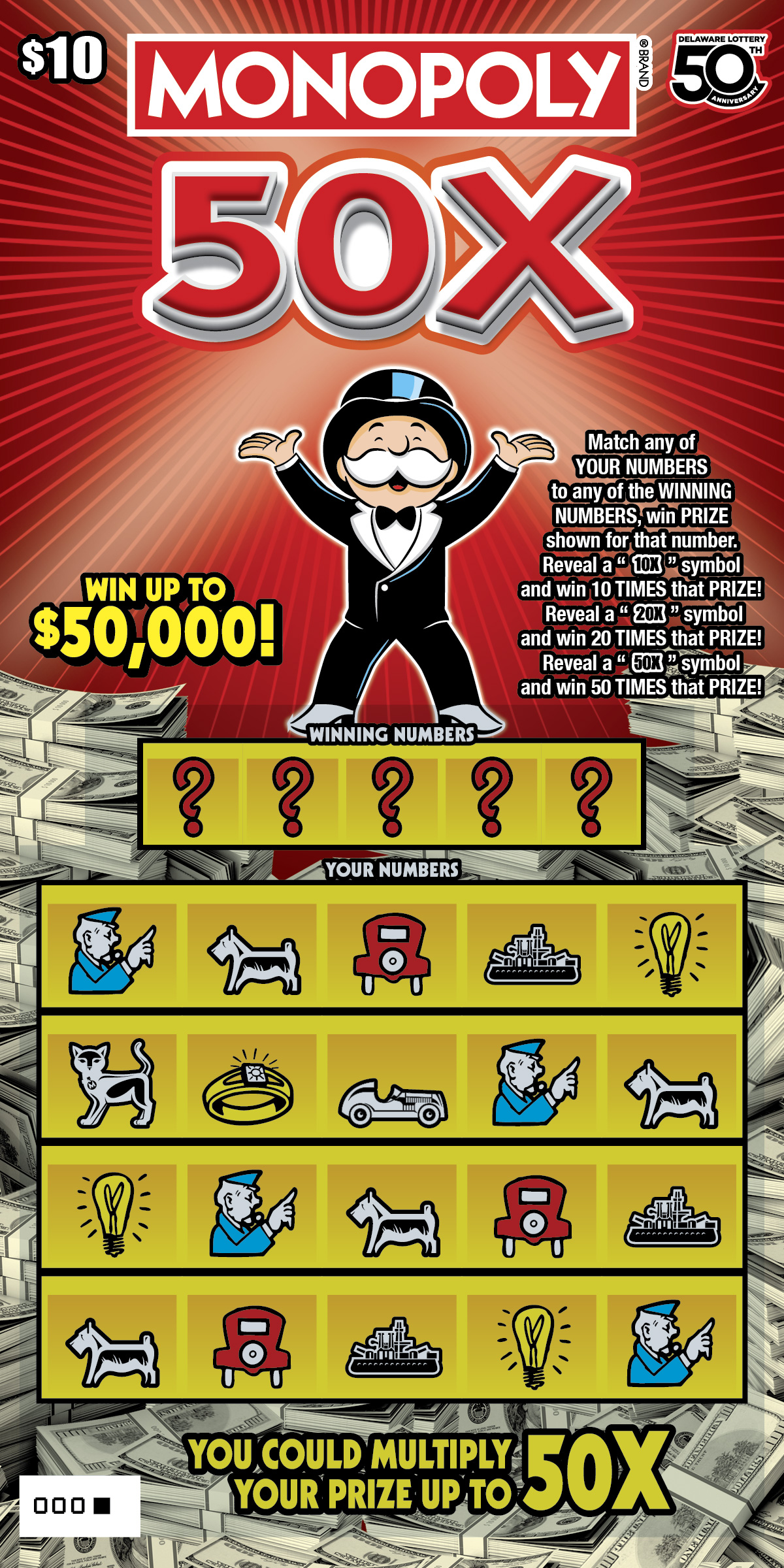MONOPOLY 50X Delaware scratch-off ticket