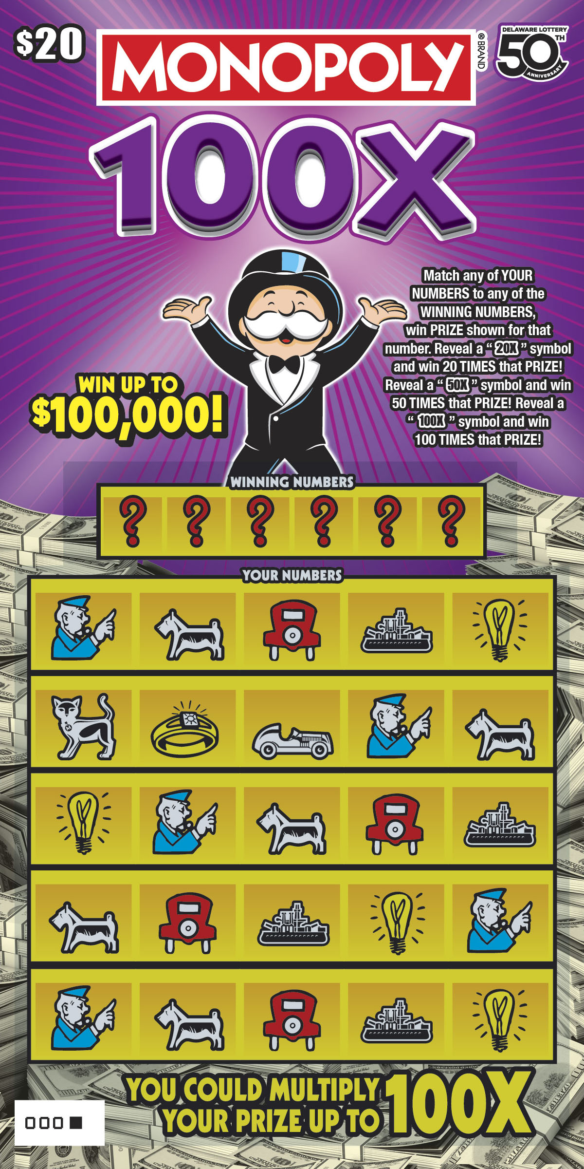 MONOPOLY 100X Delaware scratch-off ticket