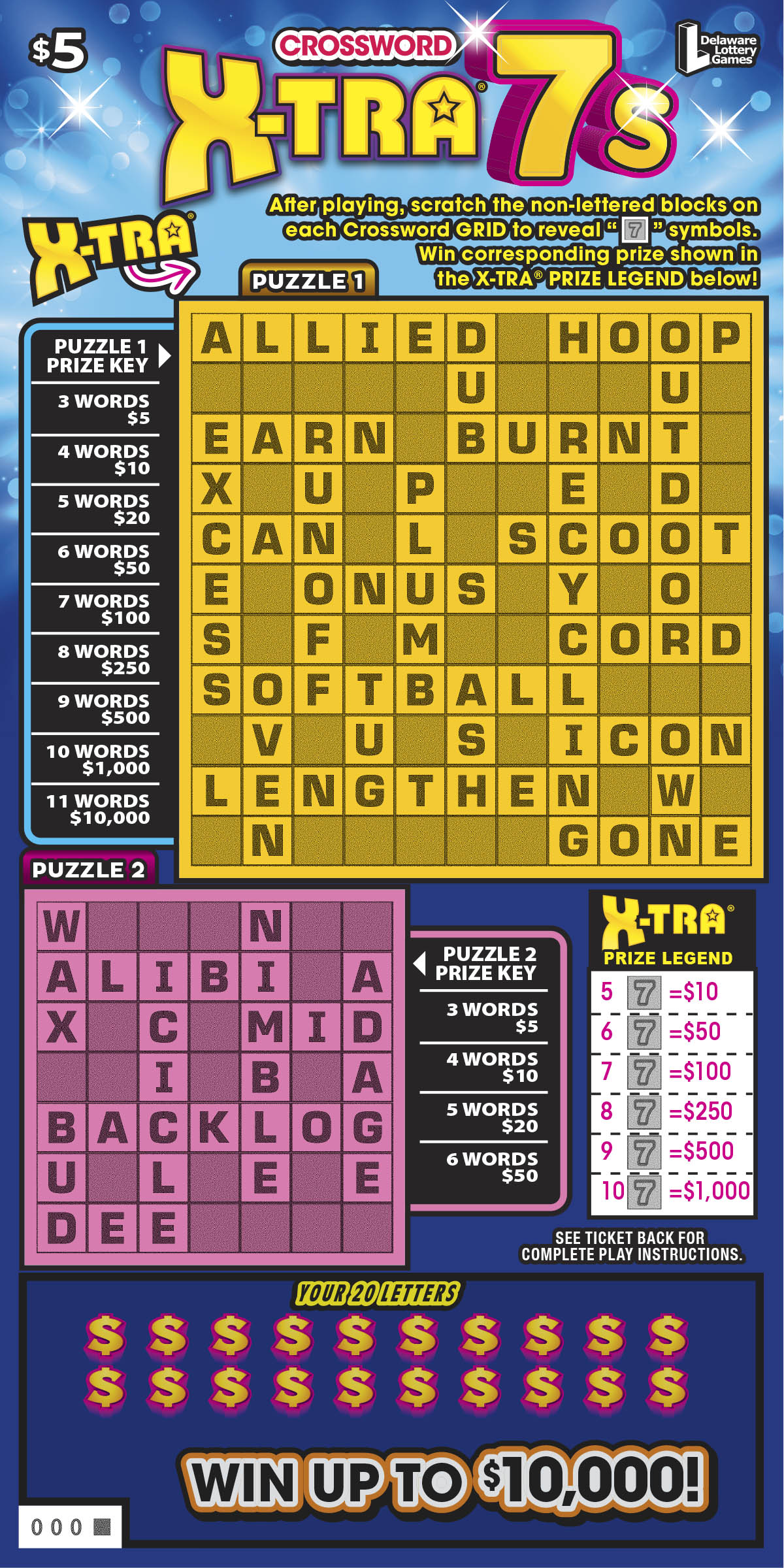 CROSSWORD X-TRA 7S Delaware scratch-off ticket