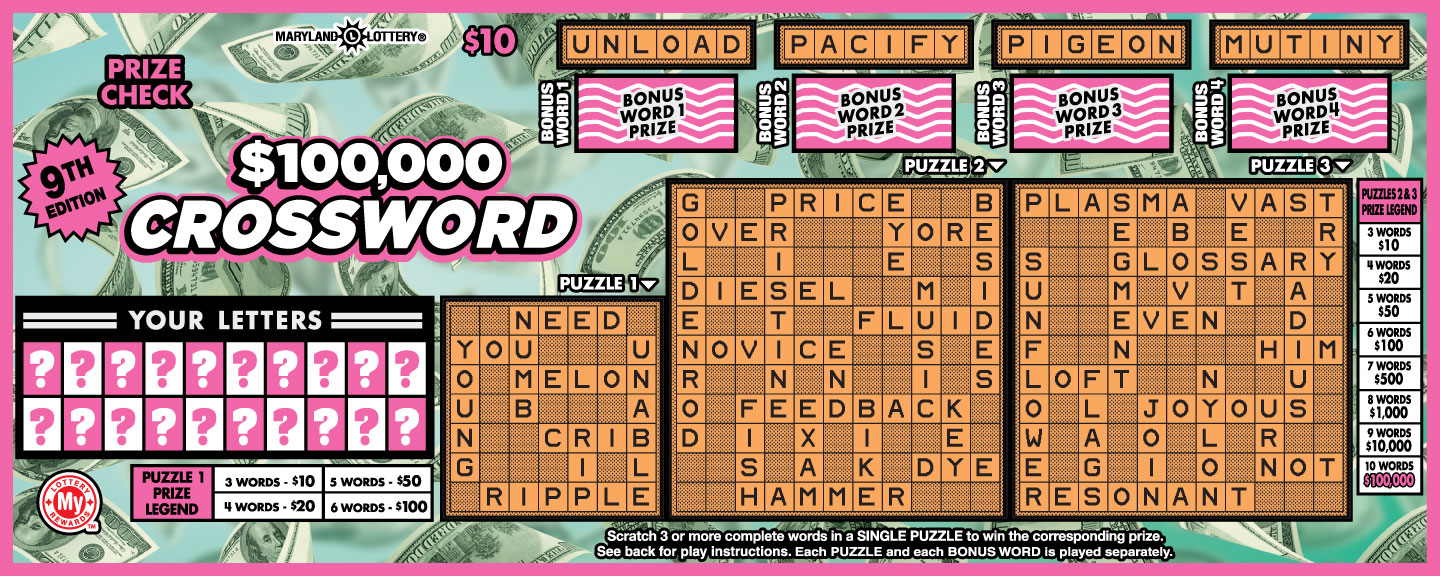$100,000 Crossword Maryland scratch-off ticket