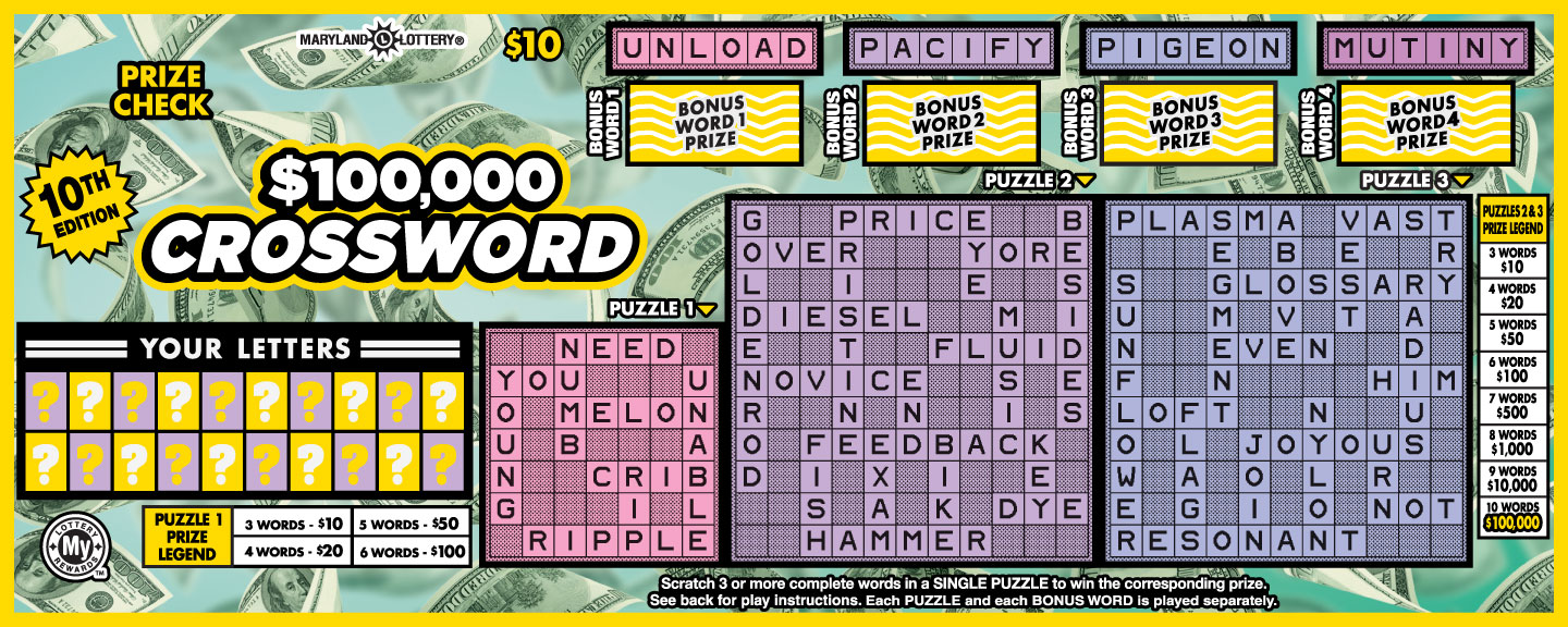 $100,000 Crossword Maryland scratch-off ticket