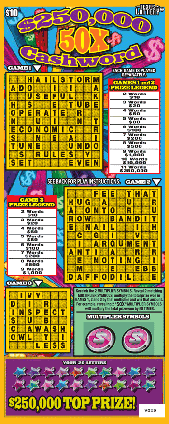 $250,000 50X Cashword Texas scratch-off ticket