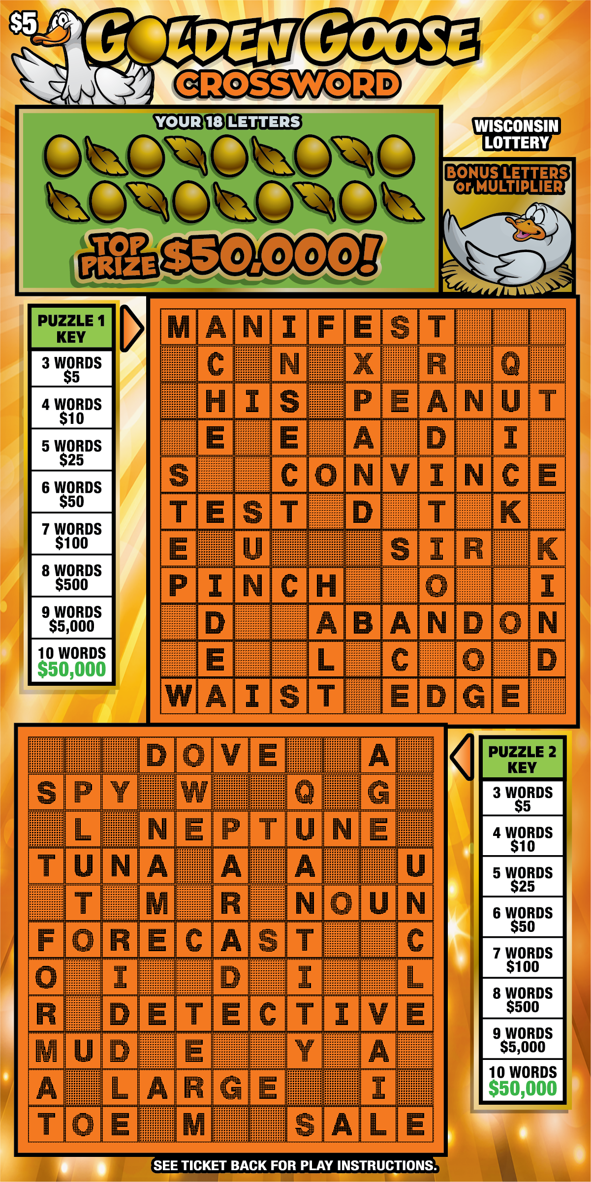 GOLDEN GOOSE CROSSWORD Wisconsin scratch-off ticket