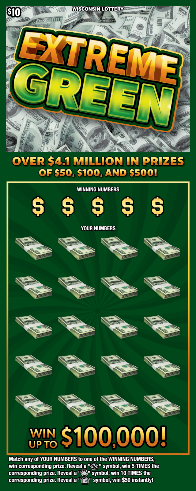 EXTREME GREEN Wisconsin scratch-off ticket