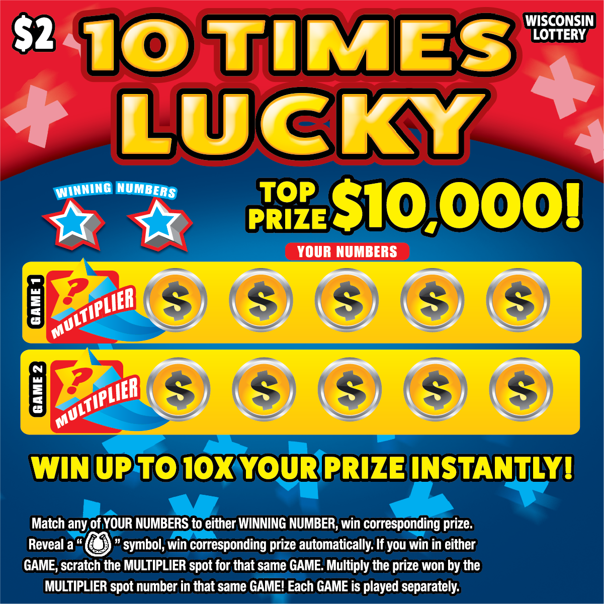 10 TIMES LUCKY Wisconsin scratch-off ticket