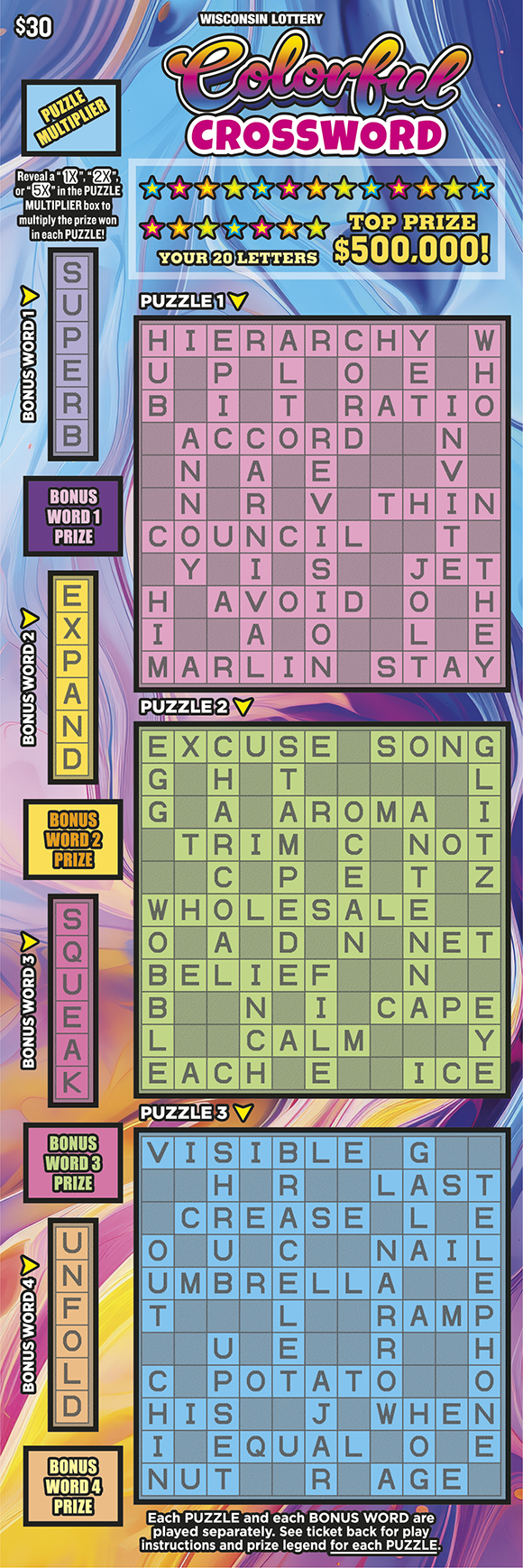 COLORFUL CROSSWORD Wisconsin scratch-off ticket