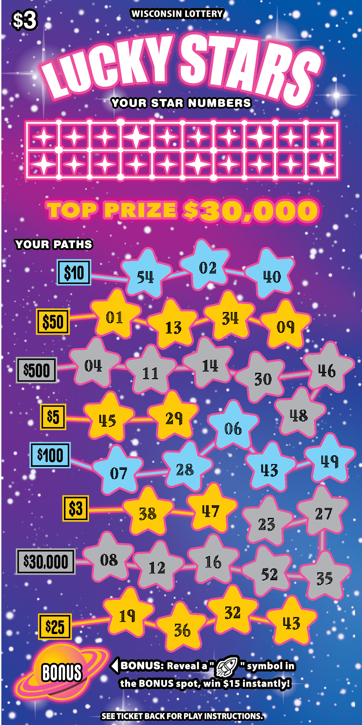 LUCKY STARS Wisconsin scratch-off ticket
