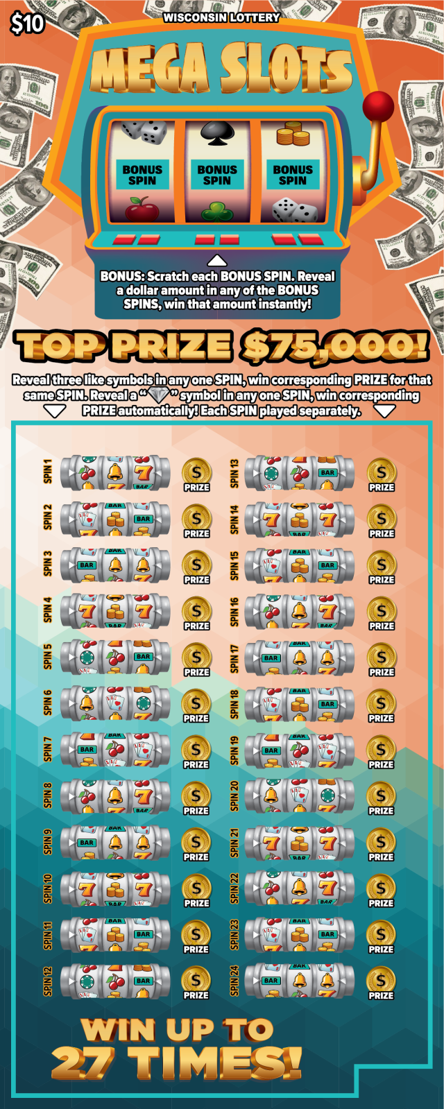 MEGA SLOTS Wisconsin scratch-off ticket