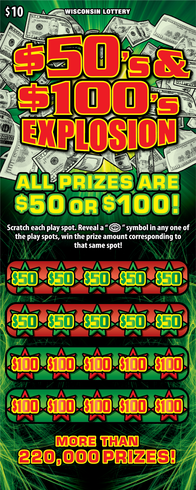 $50S &amp; $100S EXPLOSION Wisconsin scratch-off ticket