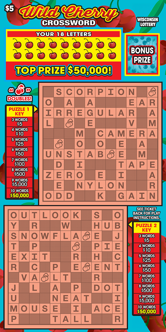 WILD CHERRY CROSSWORD Wisconsin scratch-off ticket