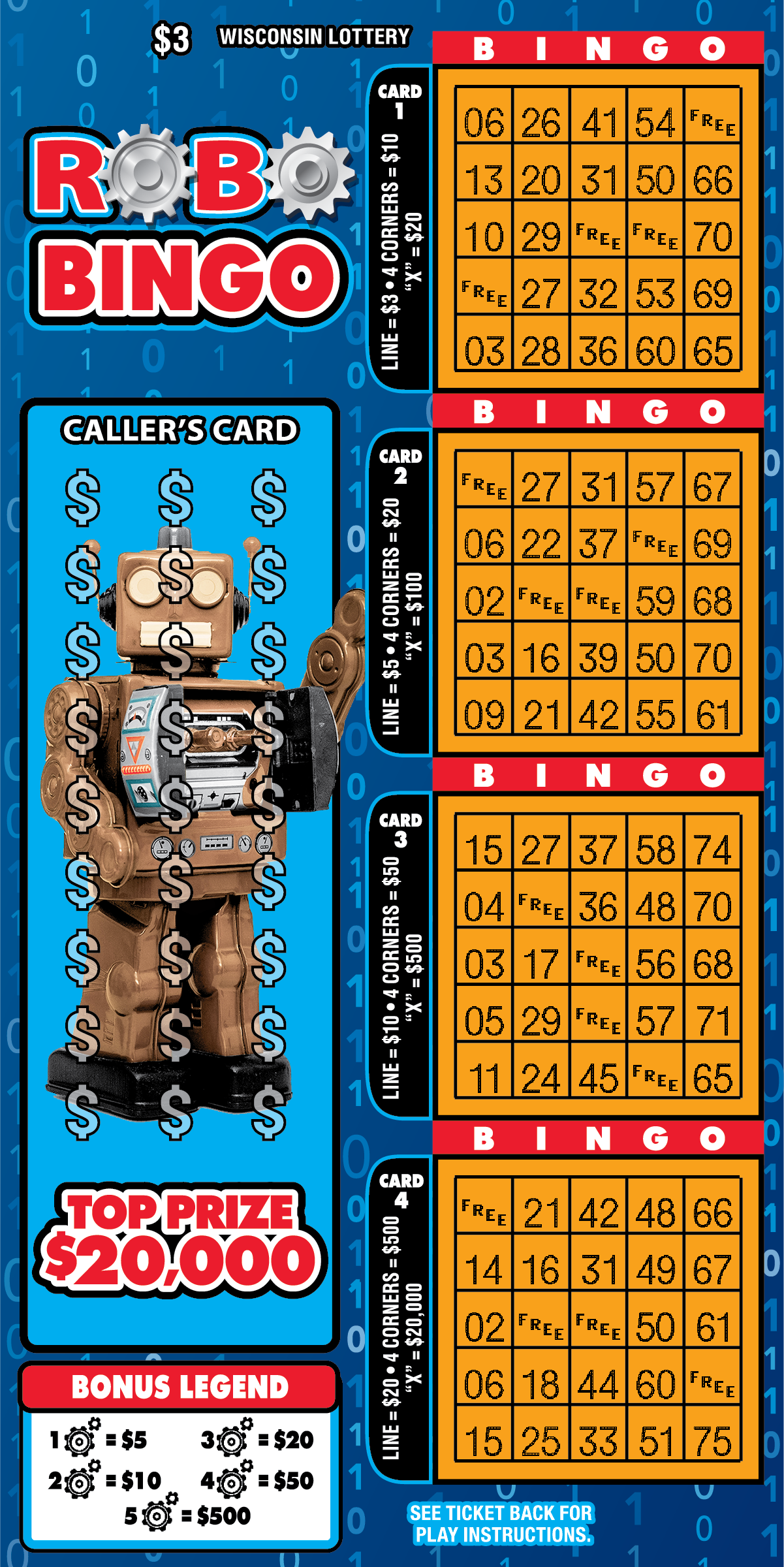 ROBO BINGO Wisconsin scratch-off ticket