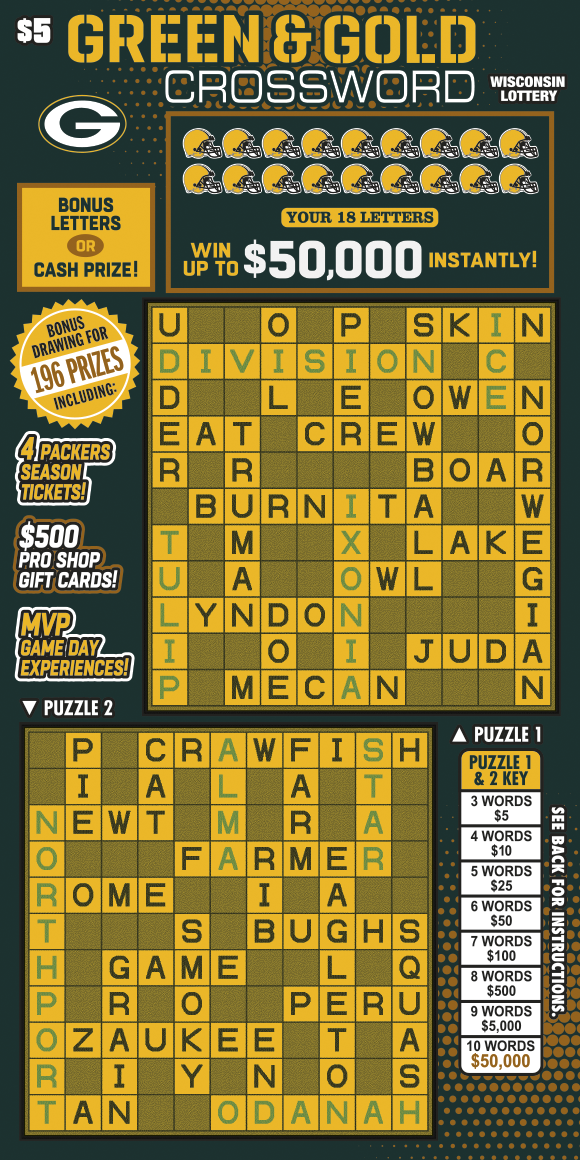 GREEN &amp; GOLD CROSSWORD Wisconsin scratch-off ticket