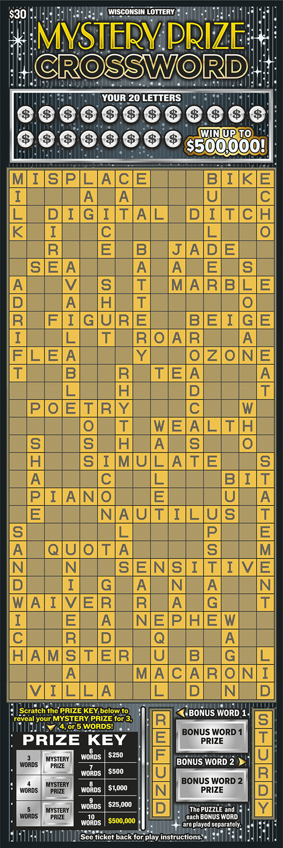 MYSTERY PRIZE CROSSWORD Wisconsin scratch-off ticket