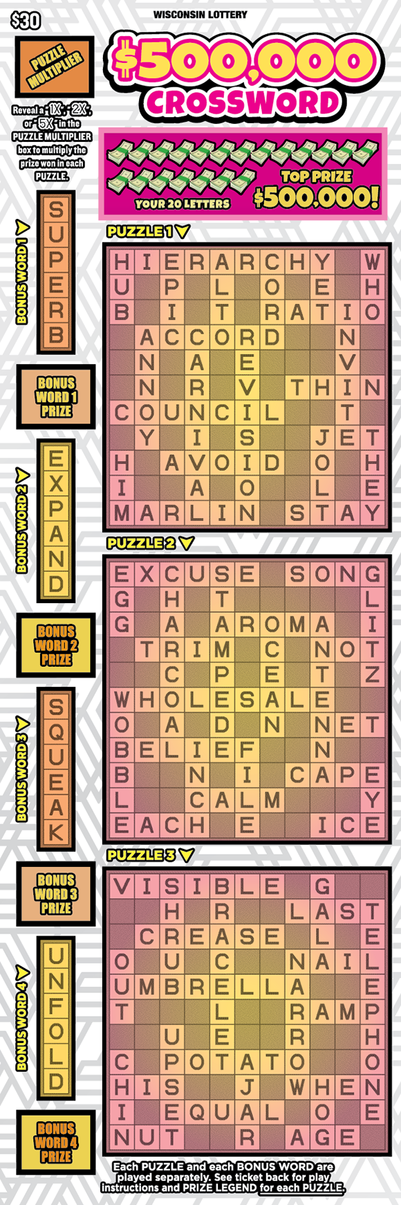$500,000 CROSSWORD Wisconsin scratch-off ticket